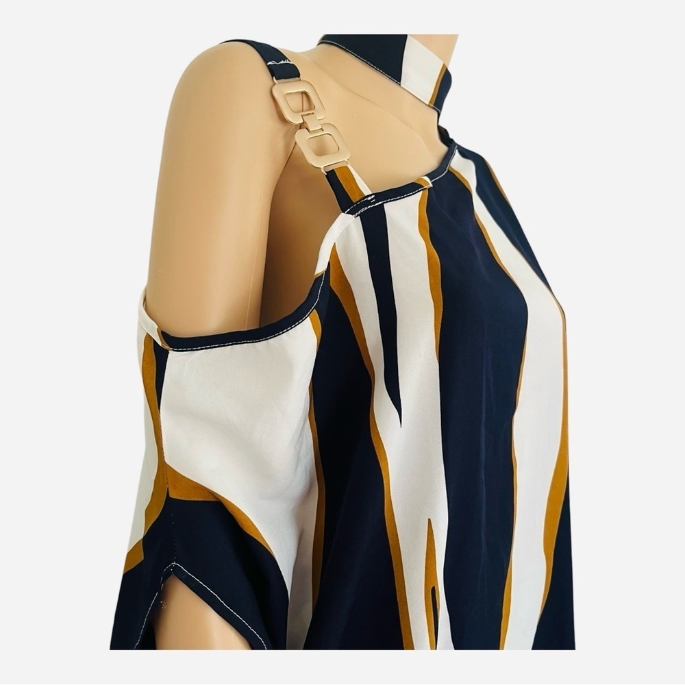 SHEIN asymmetrical neck batwing sleeve top shirt Lcolor block contemporary style - Picture 6 of 15